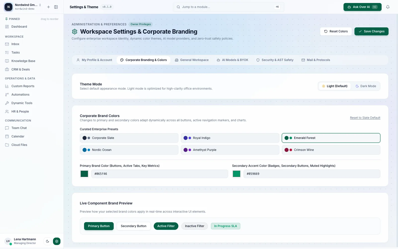 Set your company colors and watch every button, chip and badge follow.