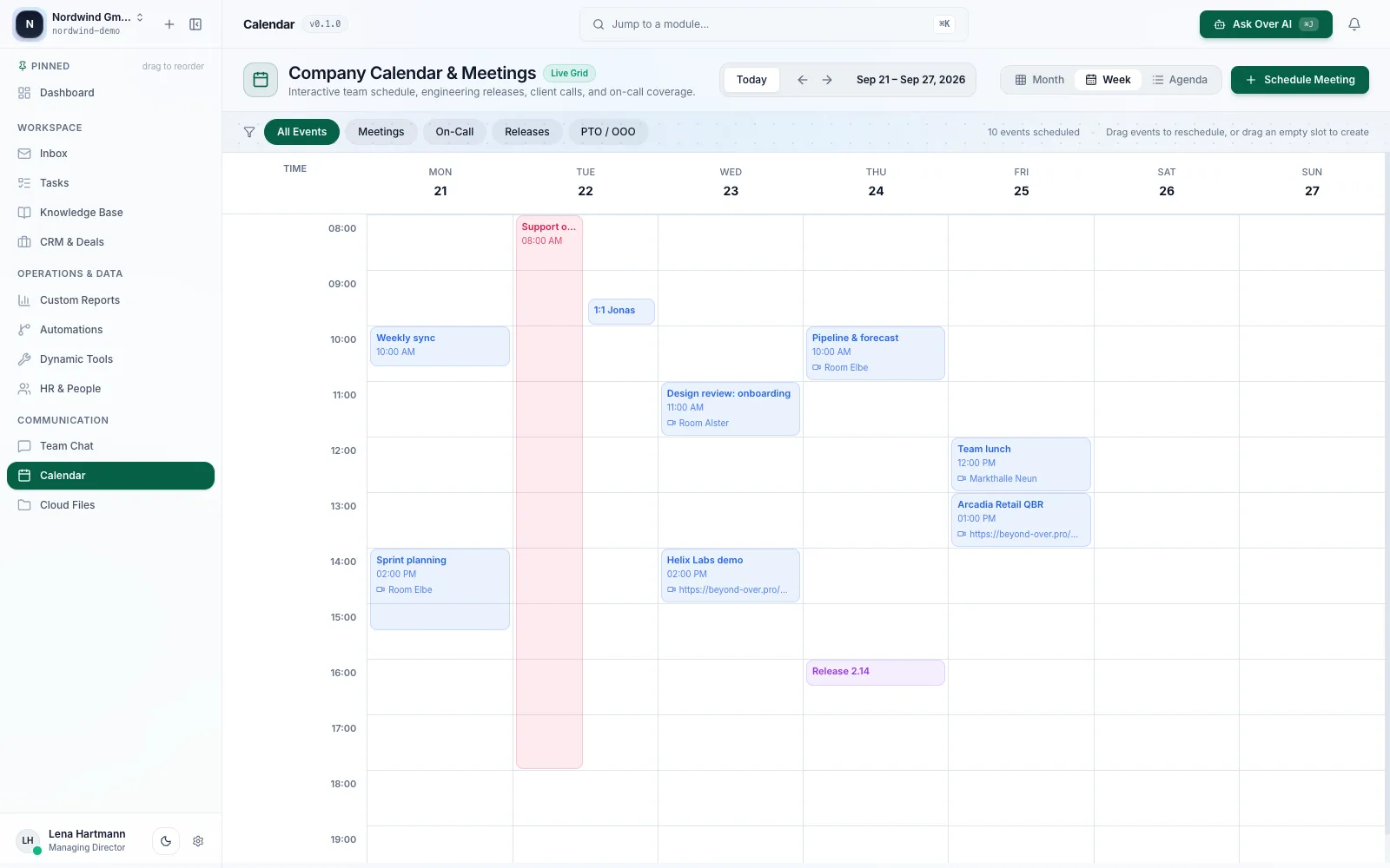 Team calendars with meetings that open right inside Over.