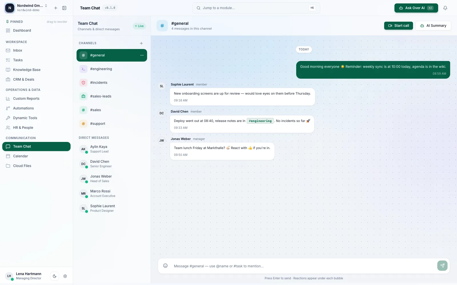 Channels and direct messages, with a huddle one click away.